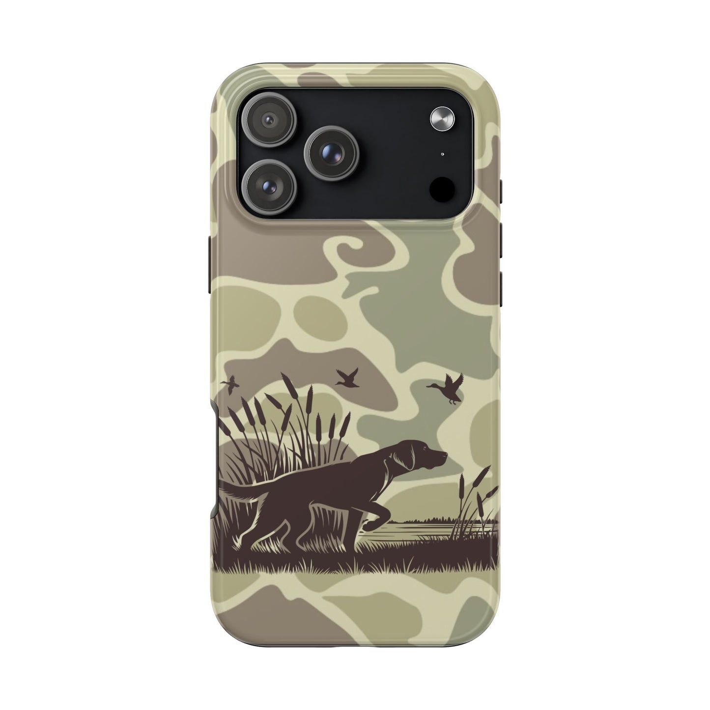 Camouflage Duck Hunting Phone Case, iPhone 17 Tough Case for Hunters, Unique Gift for Dog Owners, Outdoor Adventure Accessories