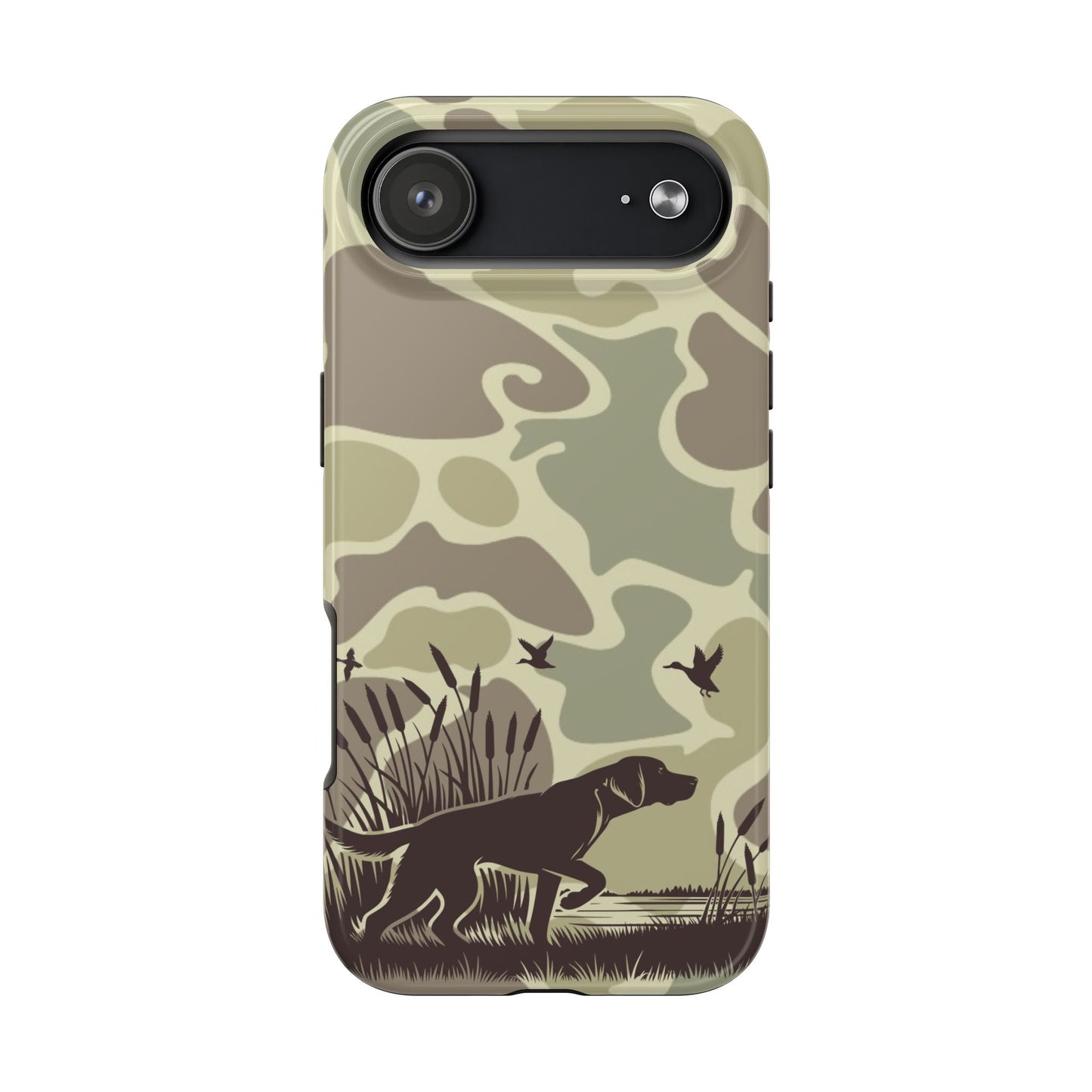 Camouflage Duck Hunting Phone Case, iPhone 17 Tough Case for Hunters, Unique Gift for Dog Owners, Outdoor Adventure Accessories