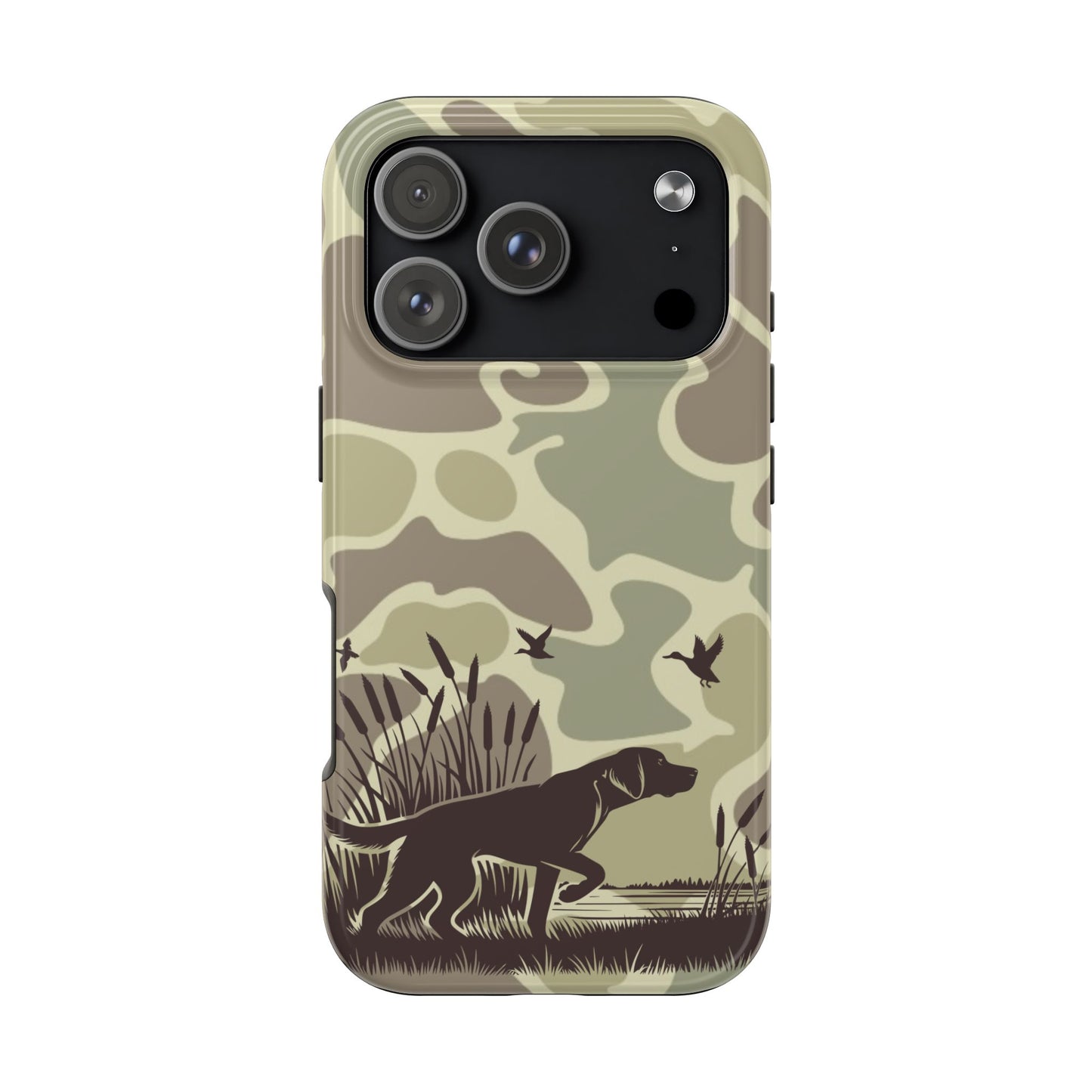 Camouflage Duck Hunting Phone Case, iPhone 17 Tough Case for Hunters, Unique Gift for Dog Owners, Outdoor Adventure Accessories