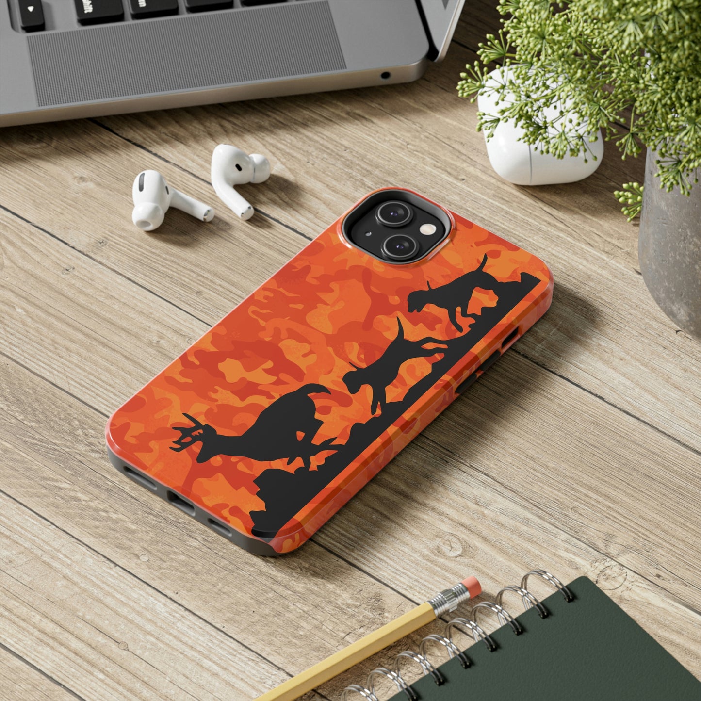 iPhone 14 Tough Phone Case Orange Camo Hounds Chasing Deer - coonhoundin