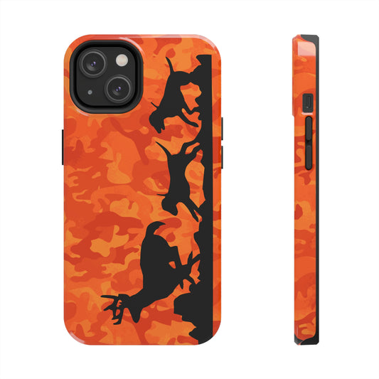 iPhone 14 Tough Phone Case Orange Camo Hounds Chasing Deer - coonhoundin
