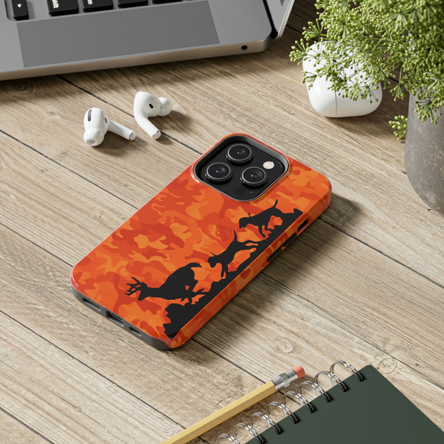 iPhone 14 Tough Phone Case Orange Camo Hounds Chasing Deer - coonhoundin