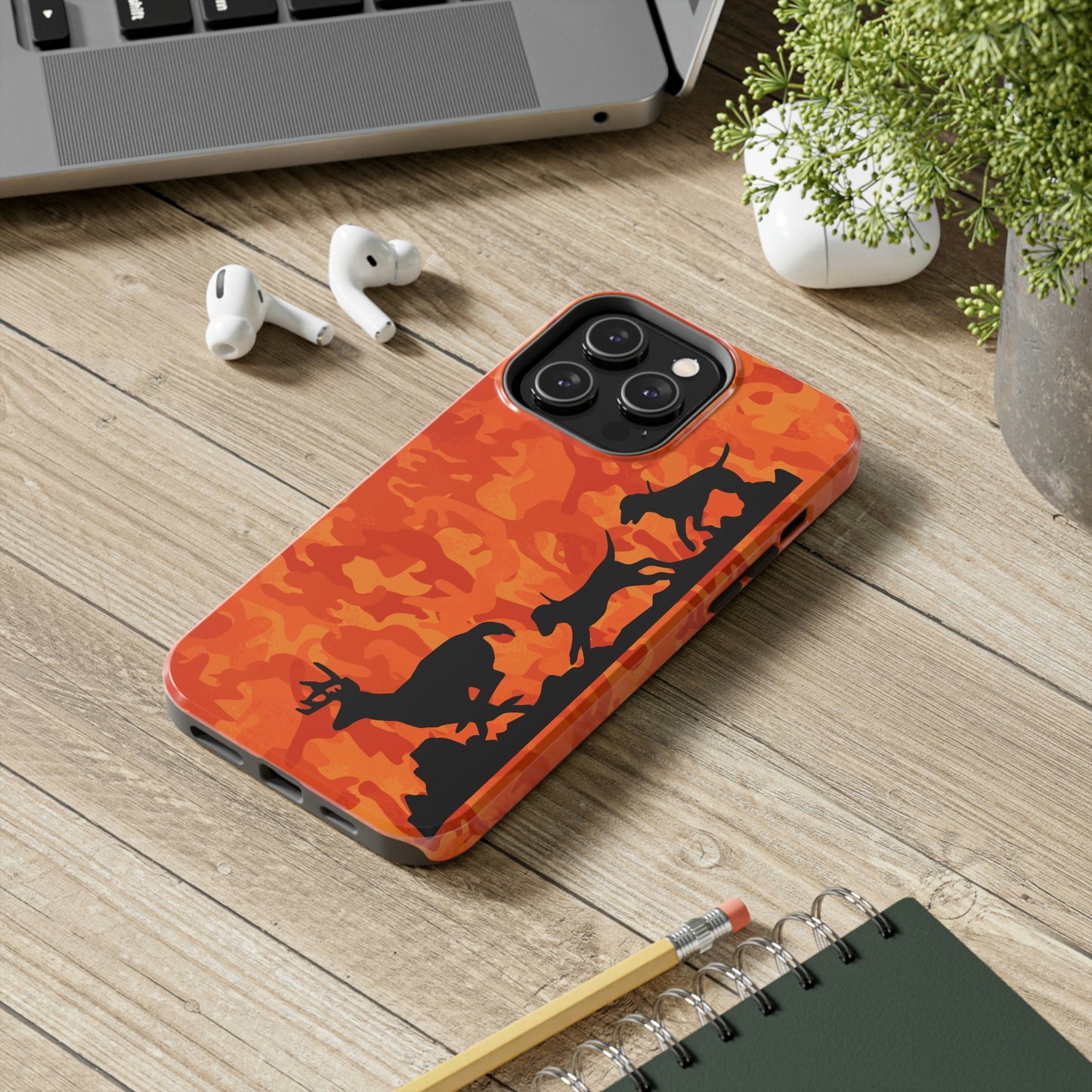 iPhone 14 Tough Phone Case Orange Camo Hounds Chasing Deer - coonhoundin