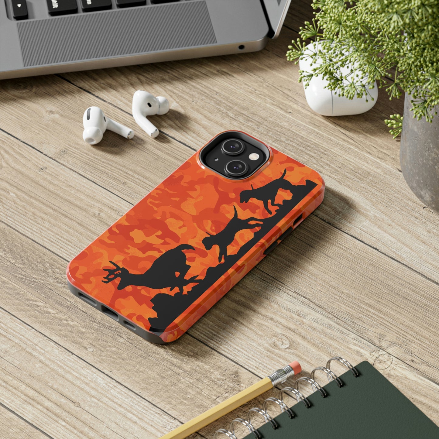 iPhone 14 Tough Phone Case Orange Camo Hounds Chasing Deer - coonhoundin