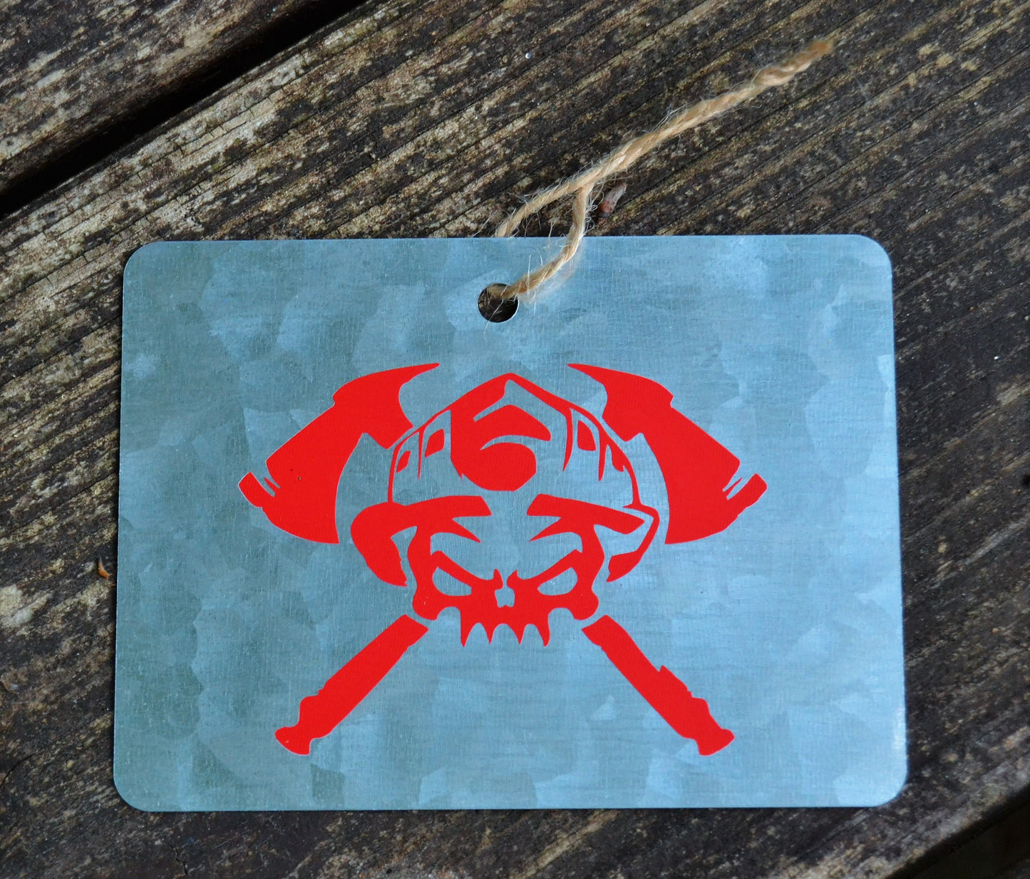 Small Galvanized Metal Fire Fighter Wall Hanging, Tag, Ornament - coonhoundin