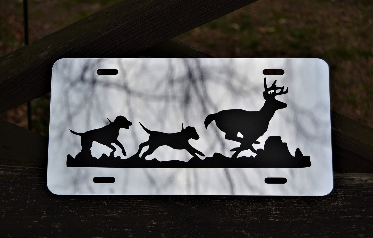 Mirrored Deer Hunting Hounds Chasing Buck License Plate - coonhoundin