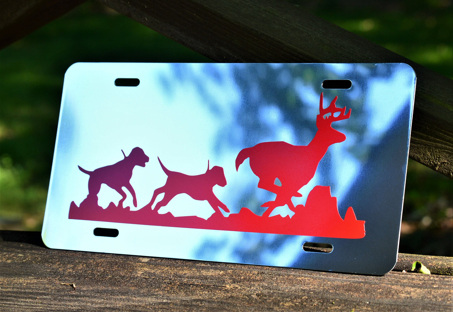 Mirrored Deer Hunting Hounds Chasing Buck License Plate - coonhoundin
