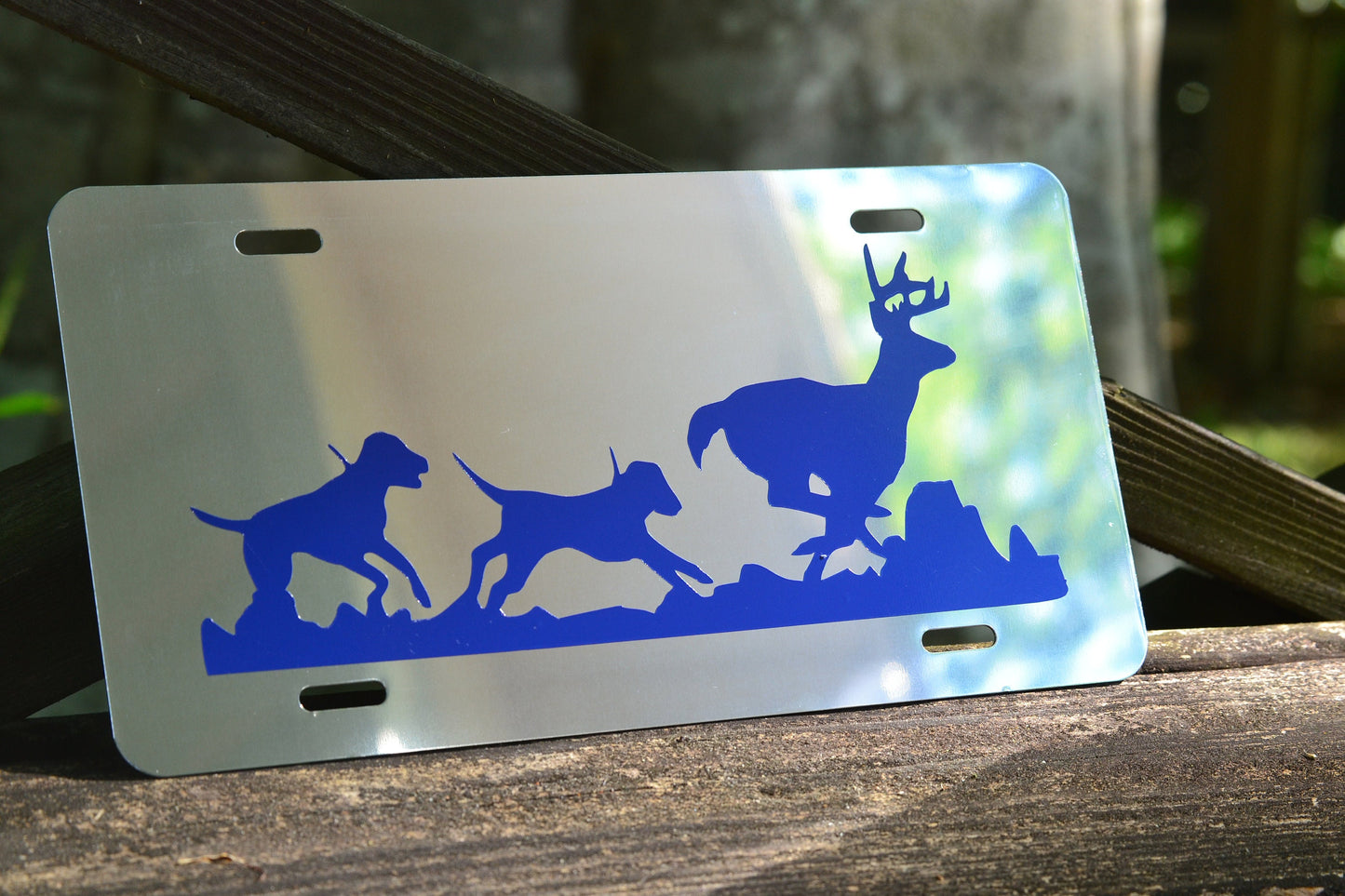 Mirrored Deer Hunting Hounds Chasing Buck License Plate - coonhoundin