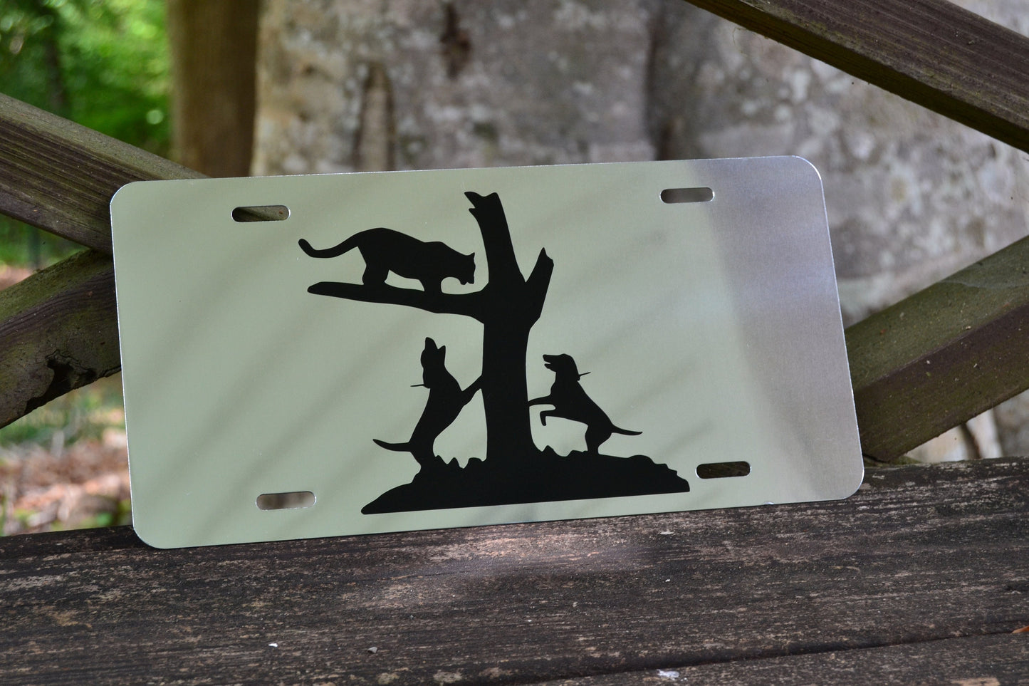 Mountain Lion Treed Hounds Hunting Mirrored License Plate - coonhoundin