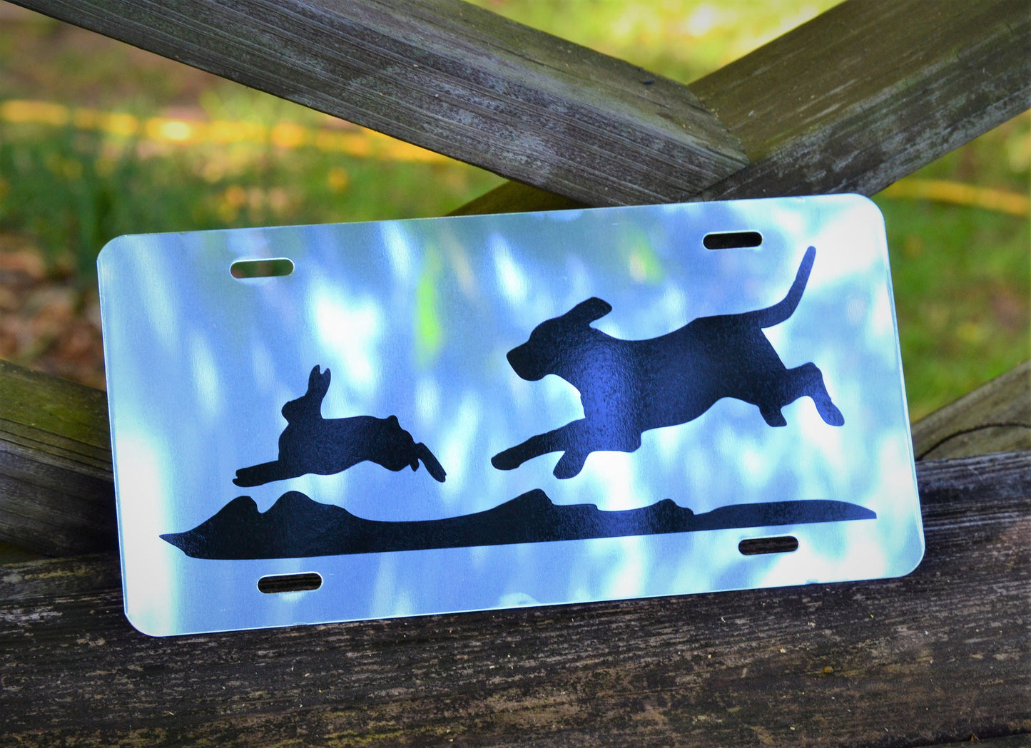 Mirrored or Black Hunting Beagle Chasing Rabbit License Plate - coonhoundin