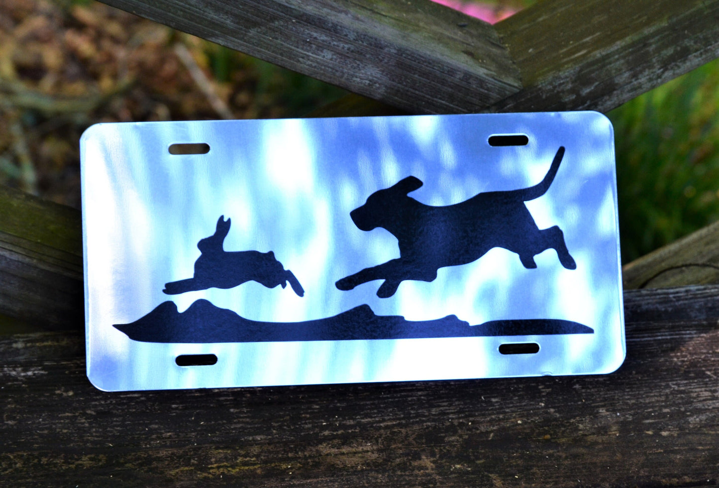 Mirrored or Black Hunting Beagle Chasing Rabbit License Plate - coonhoundin