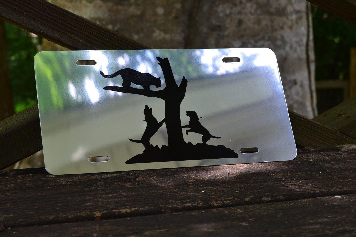 Mountain Lion Treed Hounds Hunting Mirrored License Plate - coonhoundin