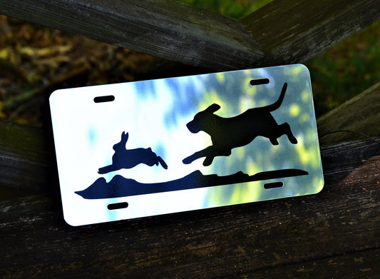 Mirrored or Black Hunting Beagle Chasing Rabbit License Plate - coonhoundin