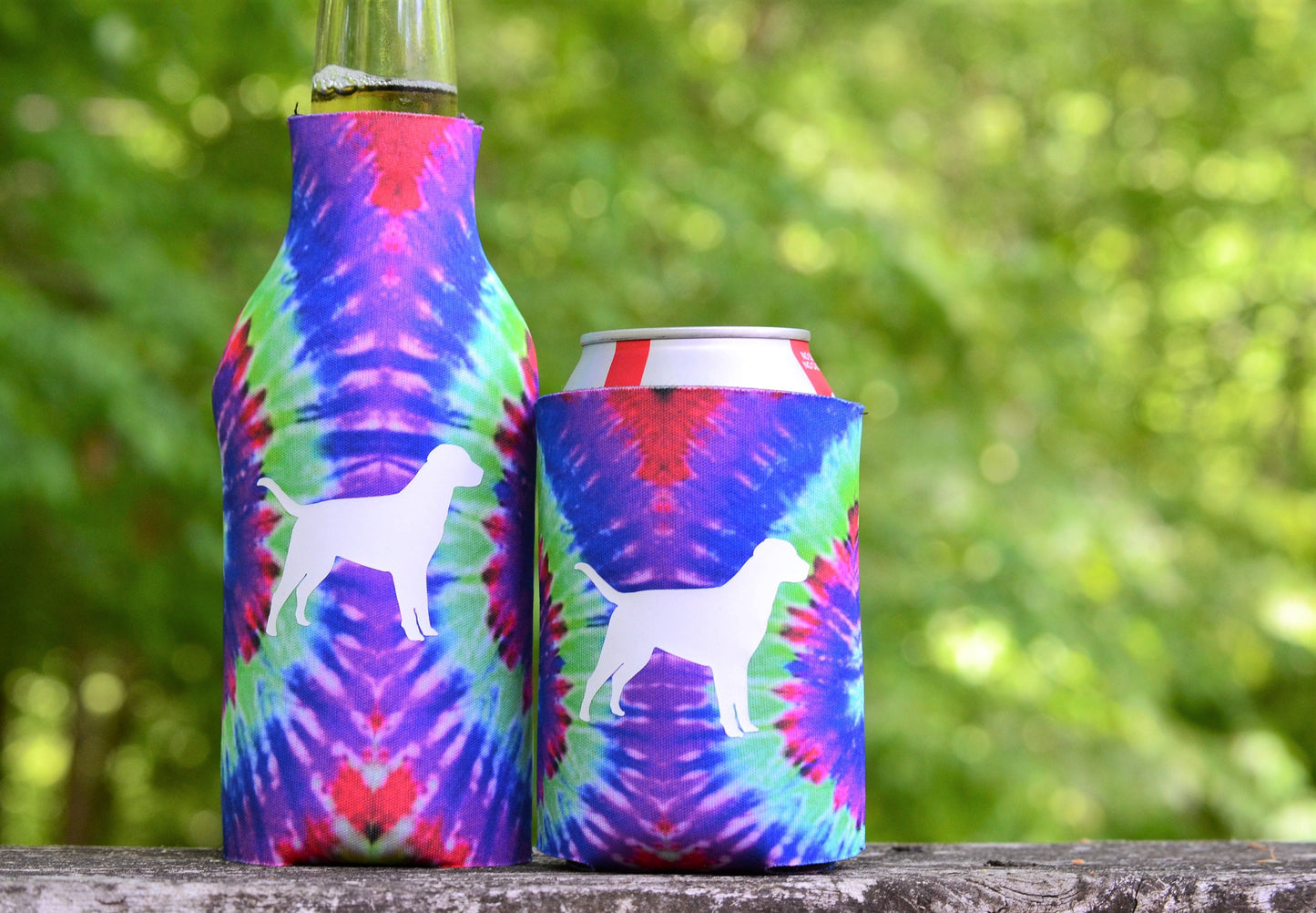 Tie Dye Dog Can Hugger, and Bottle Hugger Drink Holder and Sunglasses Strap - coonhoundin