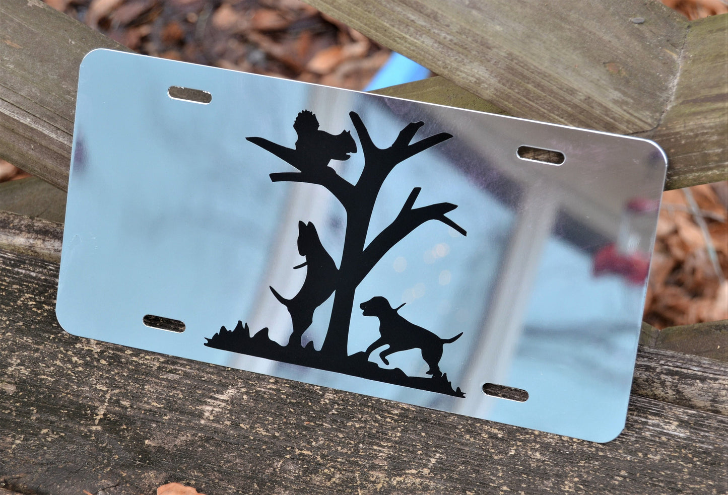 Squirrel Hunting Squirrel Dog Treed Hunting Mirrored License Plate - coonhoundin