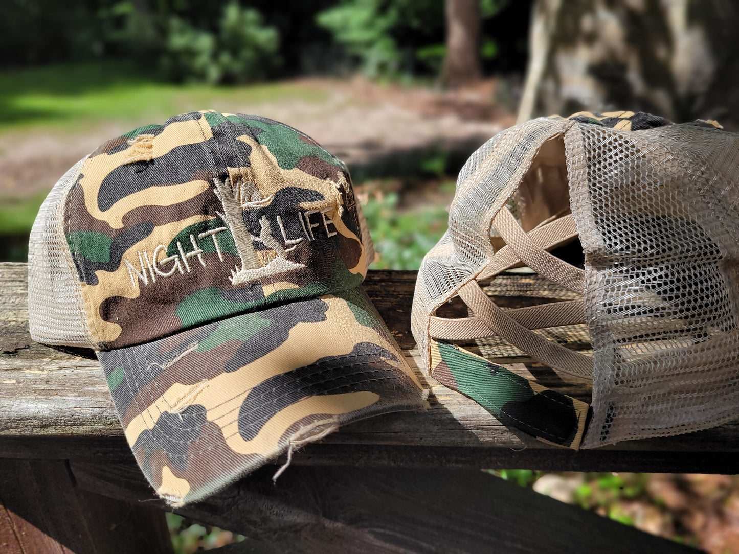 Camo Women's Ponytail Night Life Coon Hunting Unstructured Mesh Back Hat