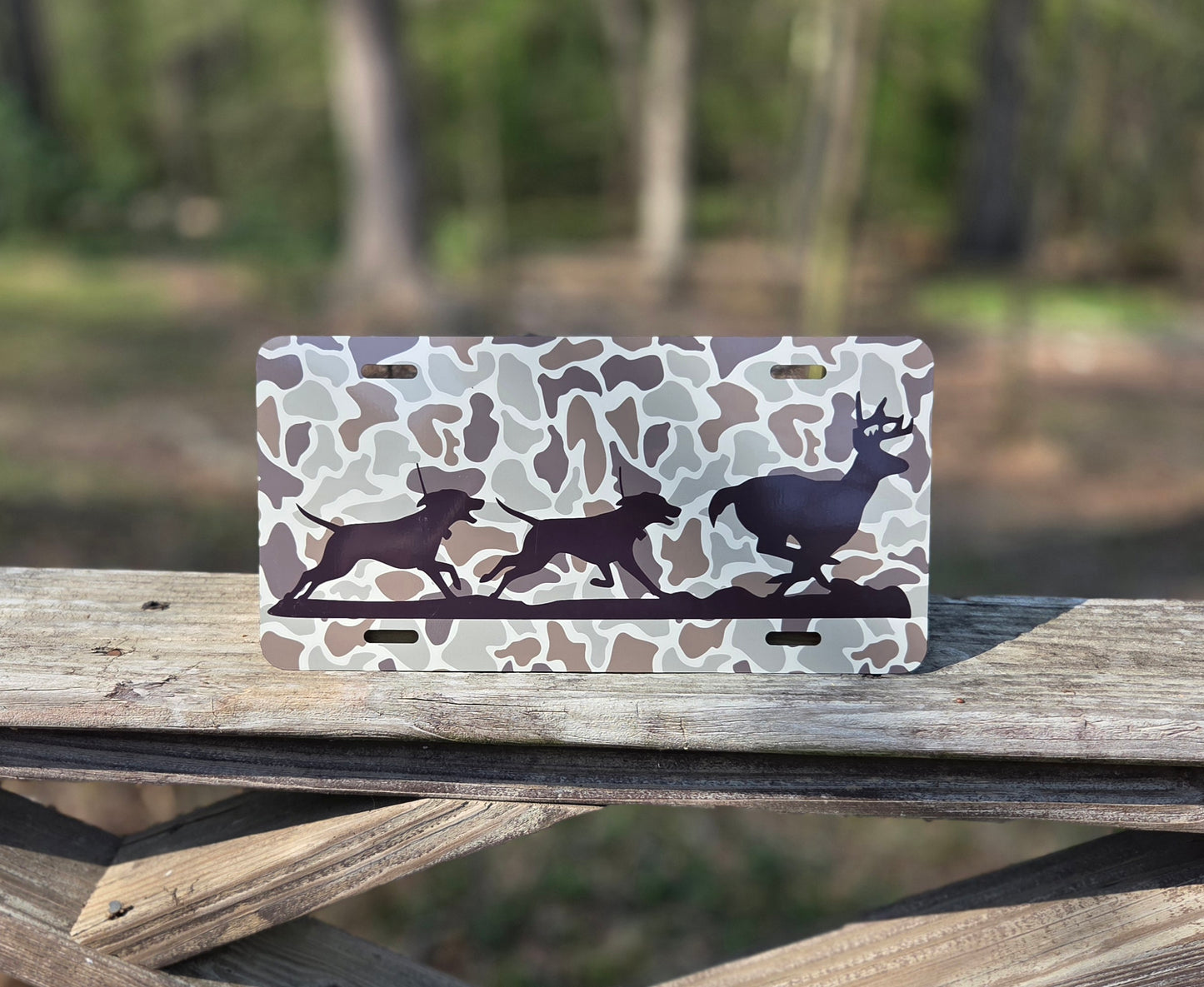 Hunting License Plate, Camo Car Tag for Hunters with Hounds Chasing a Dee - coonhoundin