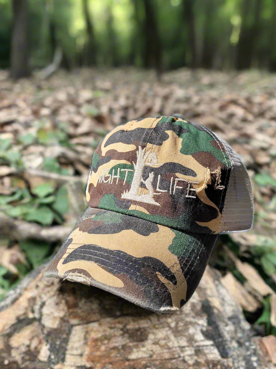 Camo Women's Ponytail Night Life Coon Hunting Unstructured Mesh Back Hat